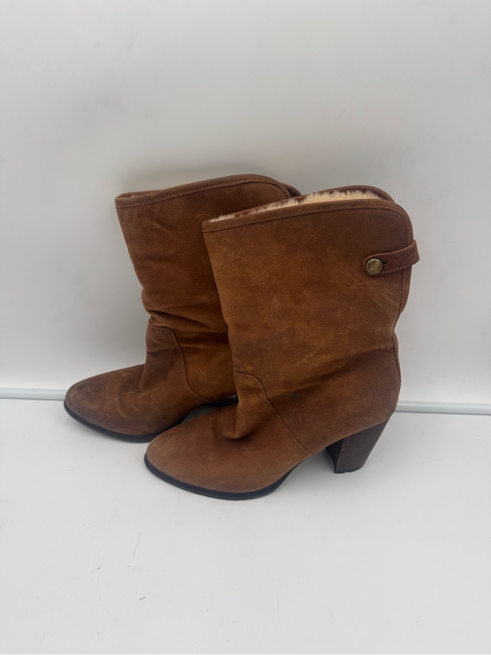 UGG Chestnut Suede Mid-Calf Shearling-Lined Heeled Boots